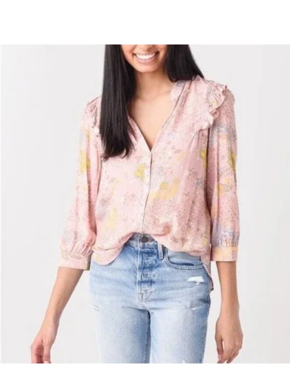Zadig & Voltaire Blush Pink Floral Ruffle V-Neck Blouse